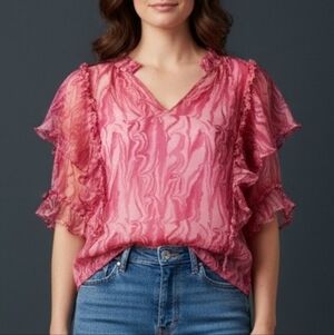 POM AMSTERDAM Y2k Fairycore Pink Sheer Cascade Sleeve Blouse